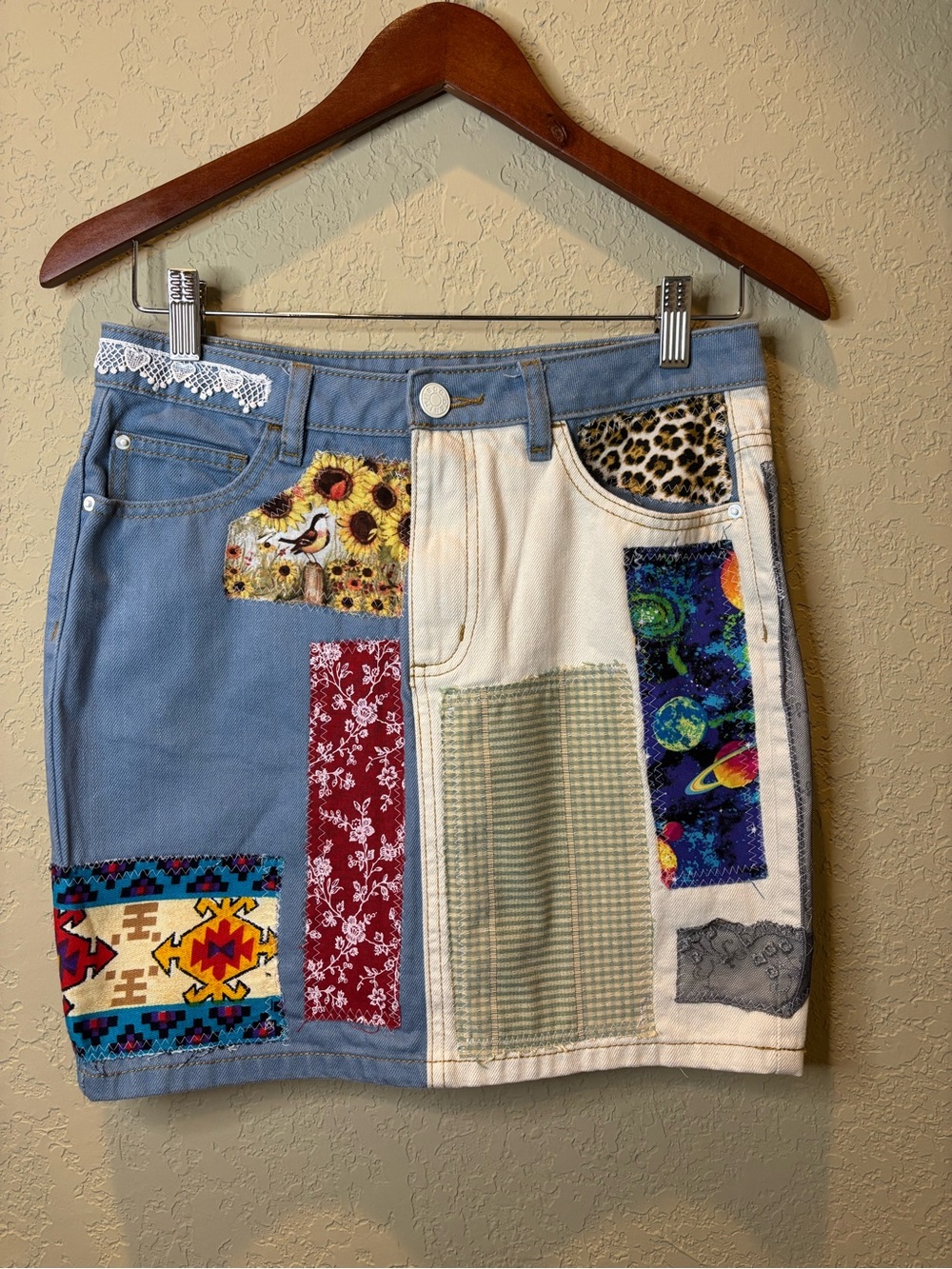 BDG denim fabric patchwork mini skirt.